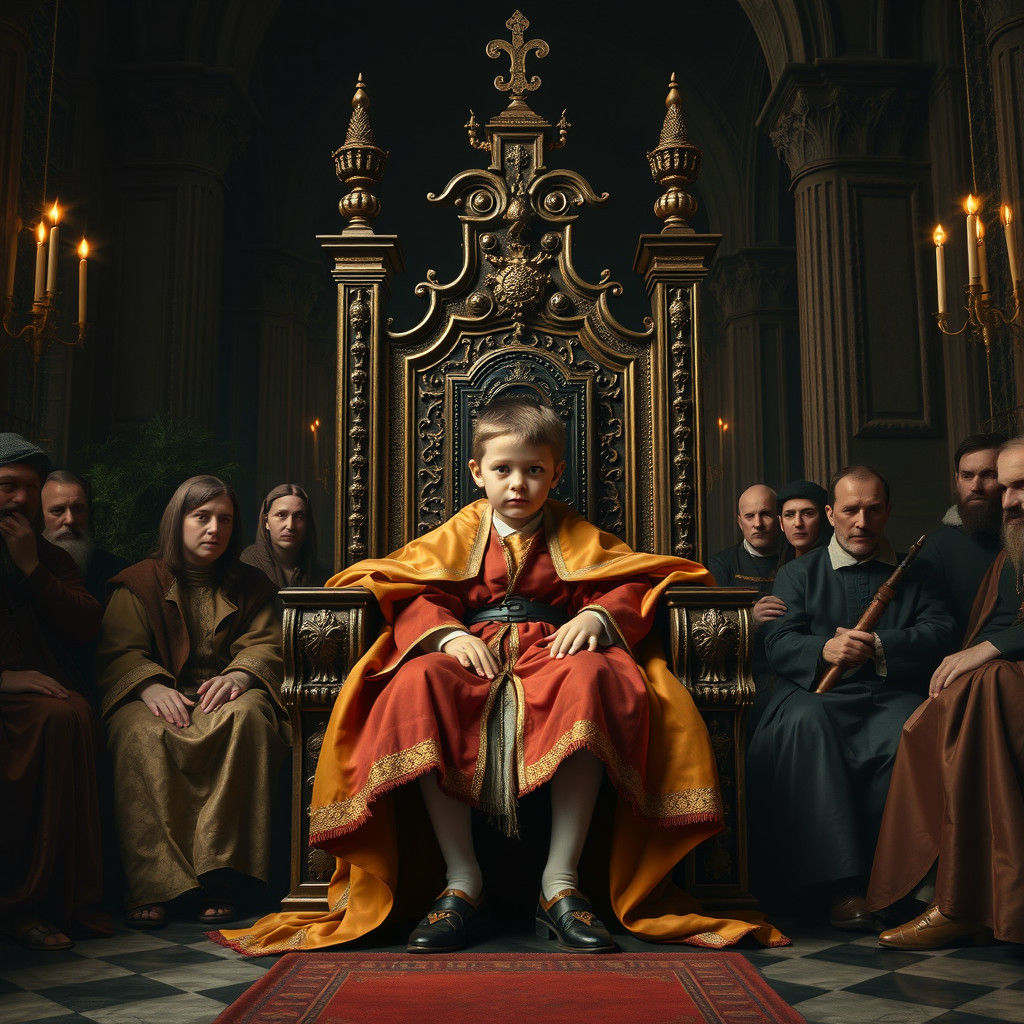 Boy King on Throne in Dark Palace