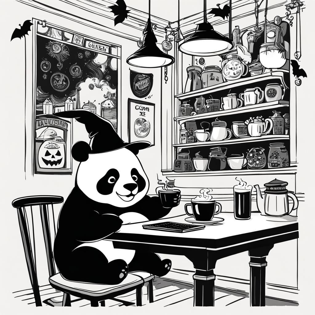 Cartoon Panda in Halloween Cafe, Black and White