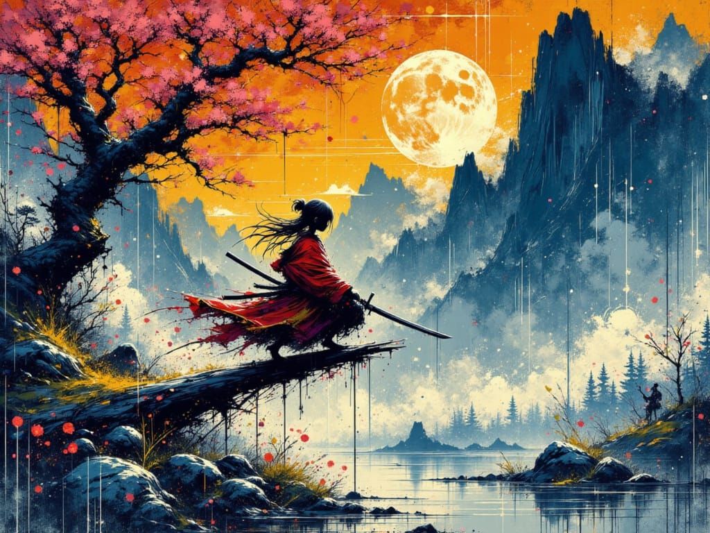 Samurai Leaping in Misty Forest, Stylized Watercolor