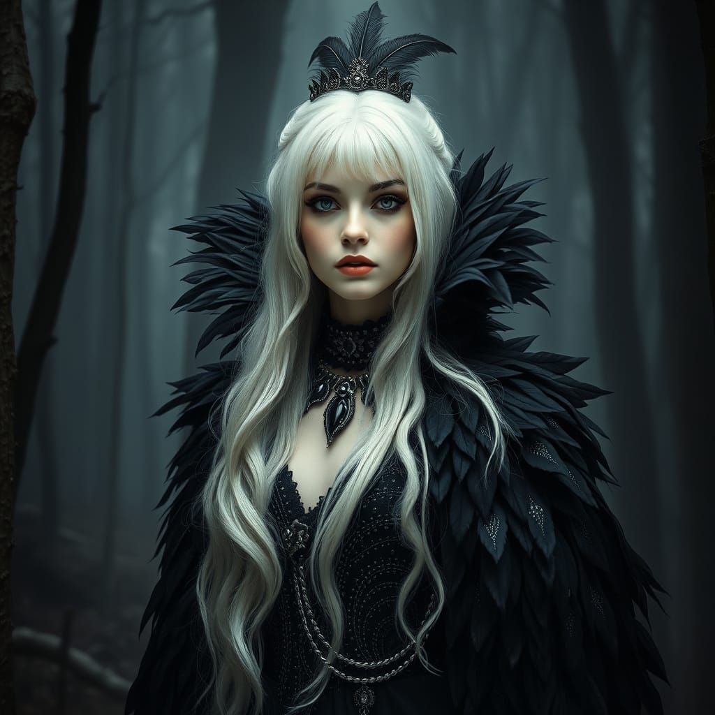 Gothic Woman in Dark Forest, Art Nouveau Style