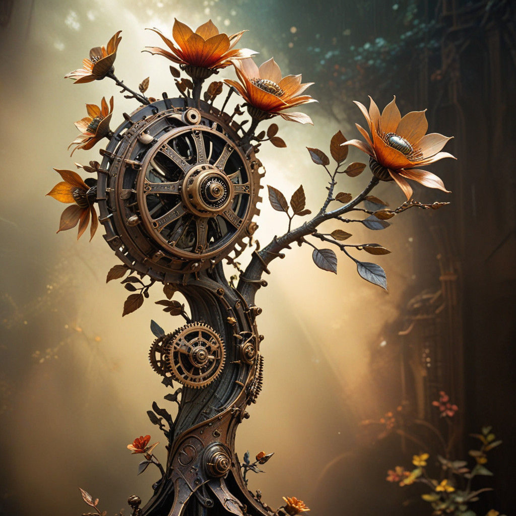 Steampunk Botanical Masterpiece: Whimsical Wood and Metal Sc...