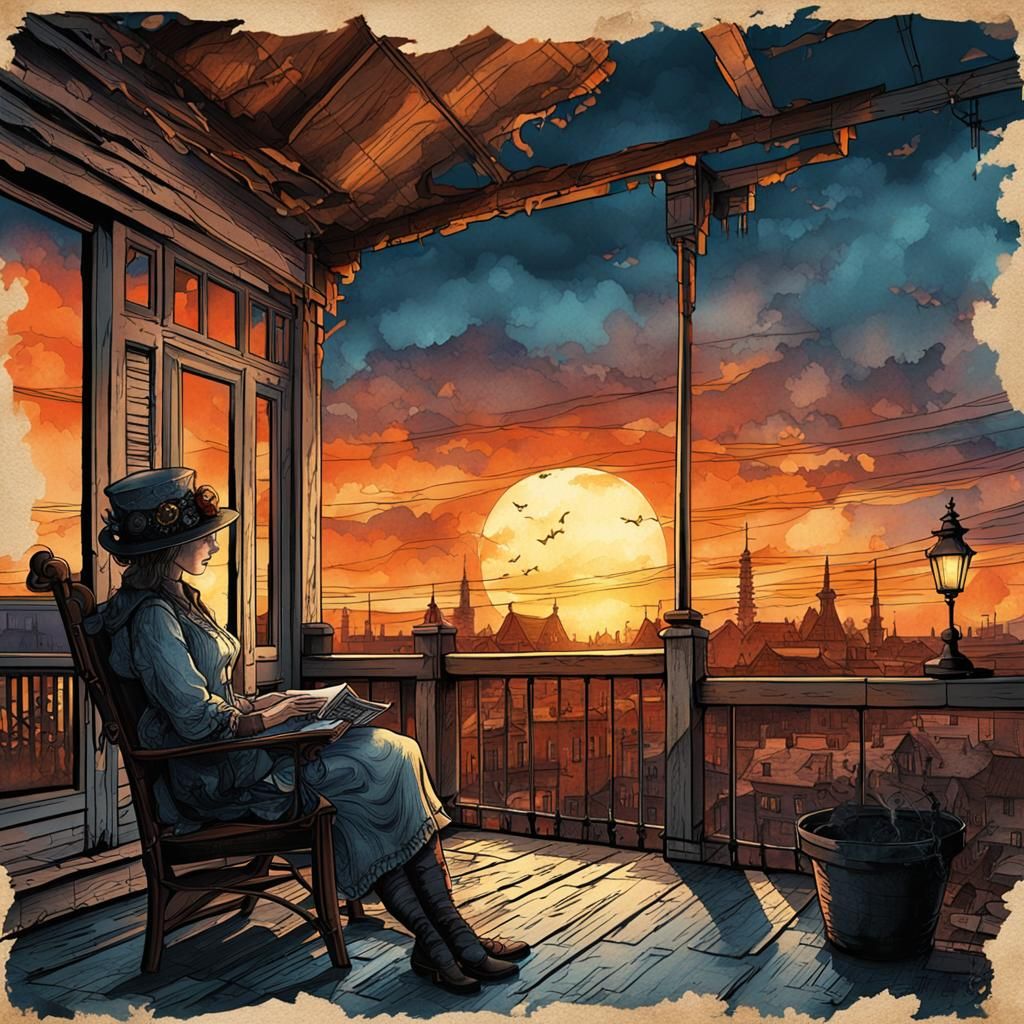 Woman on Porch at Sunset: Steampunk Ink Art
