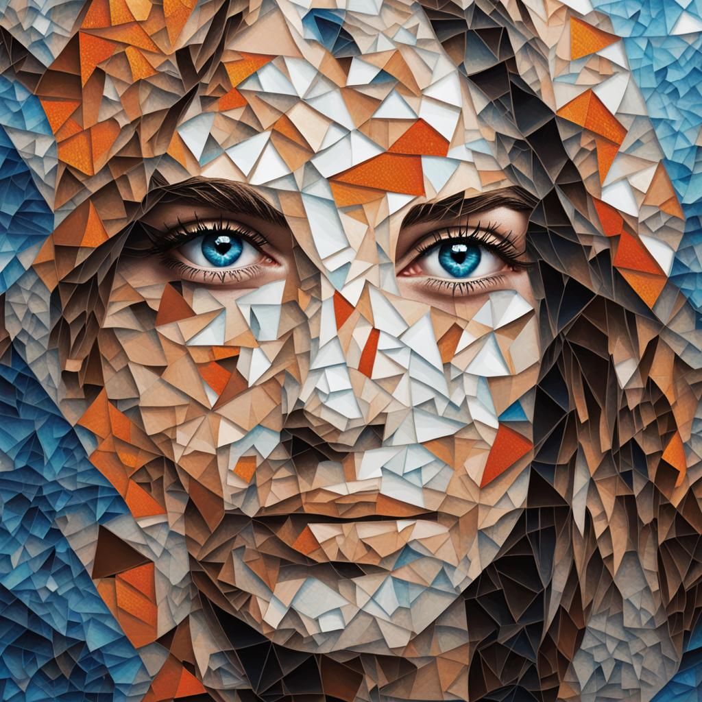 Mosaic Portrait of Woman with Blue Eyes