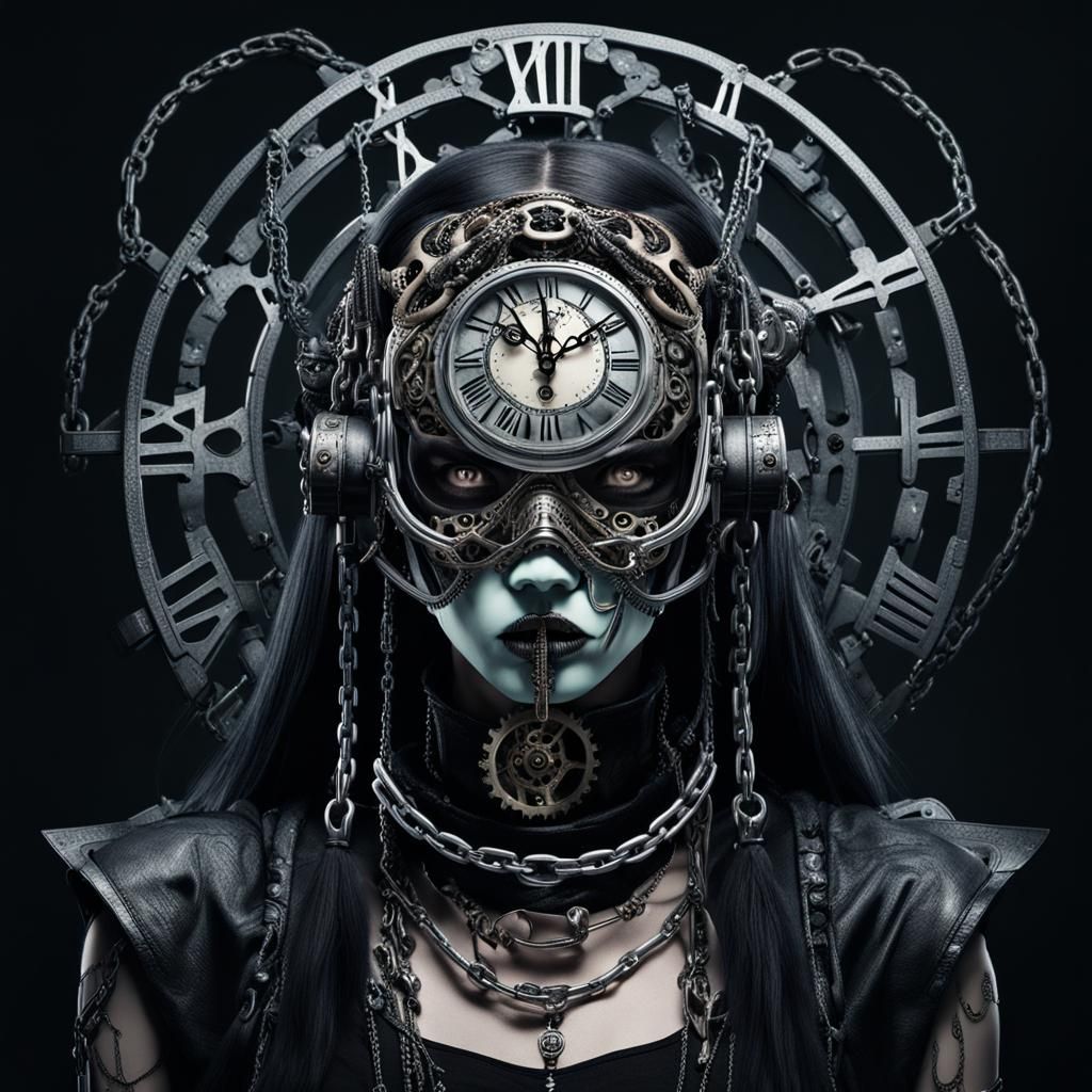 Gothic Cyberpunk Woman with Mask and Clockwork Chains