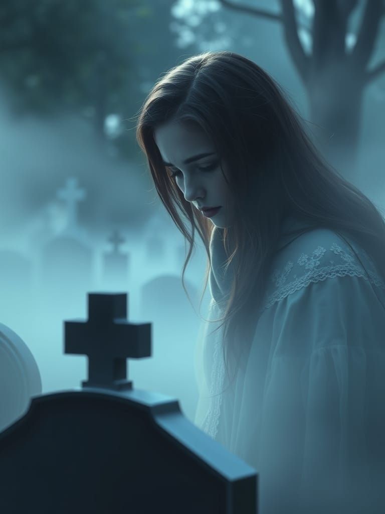Woman Weeping at Ethereal Cemetery Grave