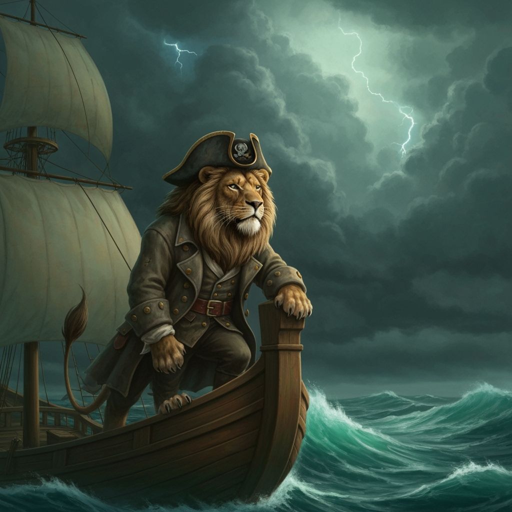 Lion Pirate Captain on Stormy Seas, Digital Painting