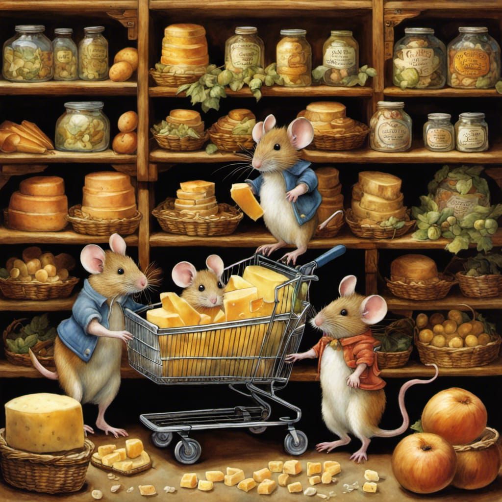 Whimsical Mice Family Shopping for Cheese