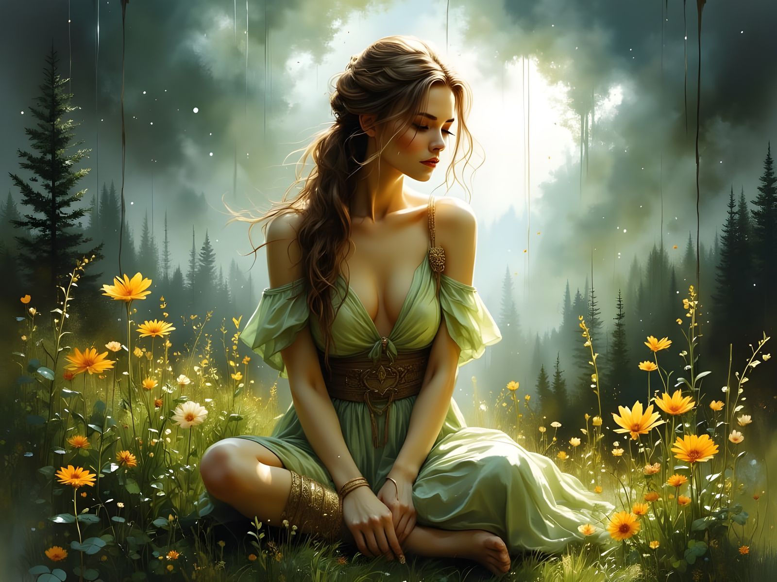 Norse Goddess in Meadow with Wildflowers