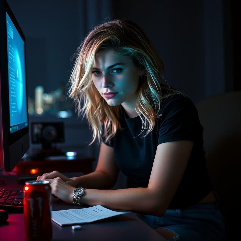 Woman Immersed in Game: Cinematic Film Still