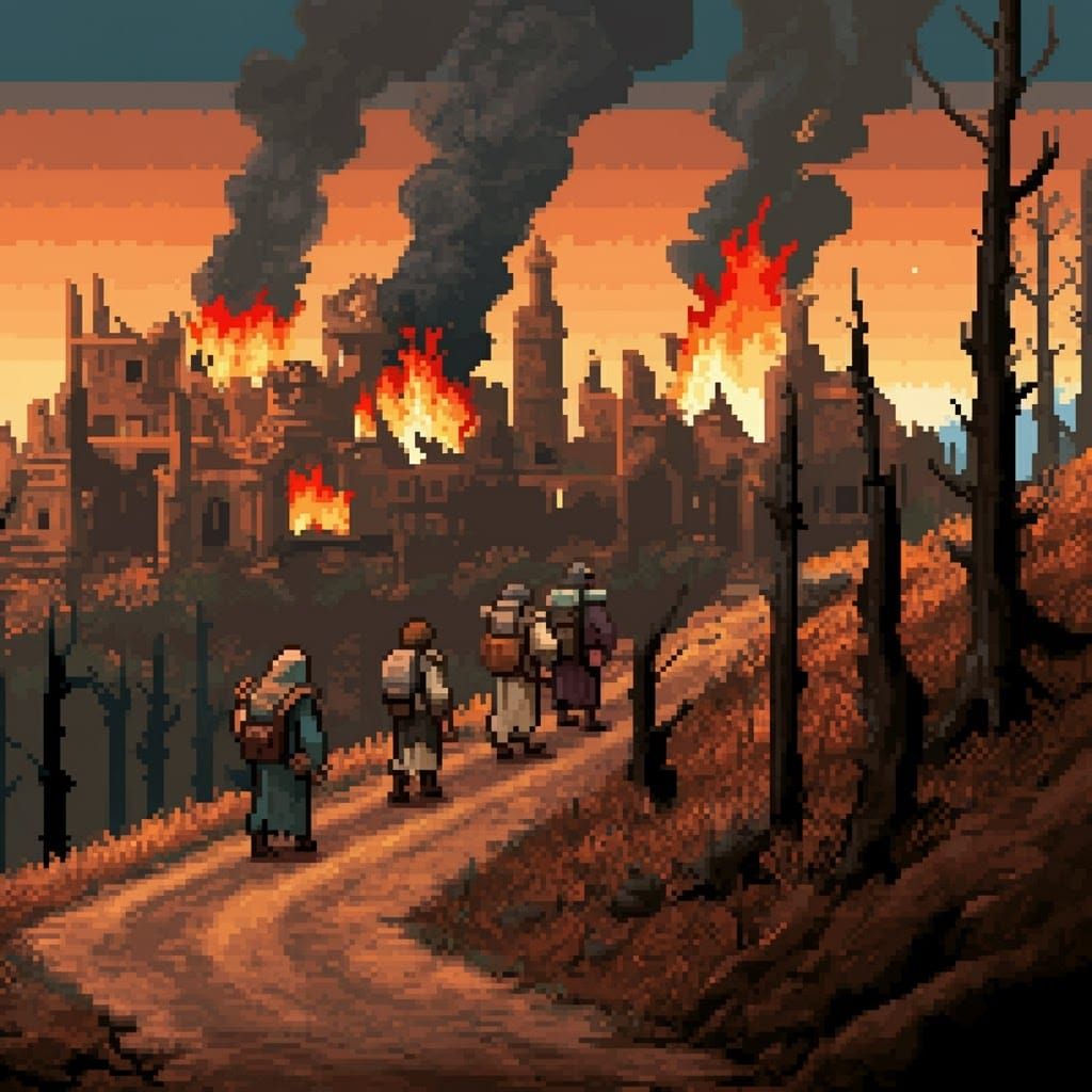 Pixel Art Travelers Journey Through Burning Town