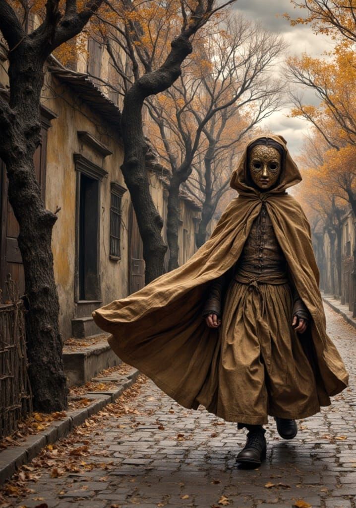 Bronze Masked Boy in Autumnal Village