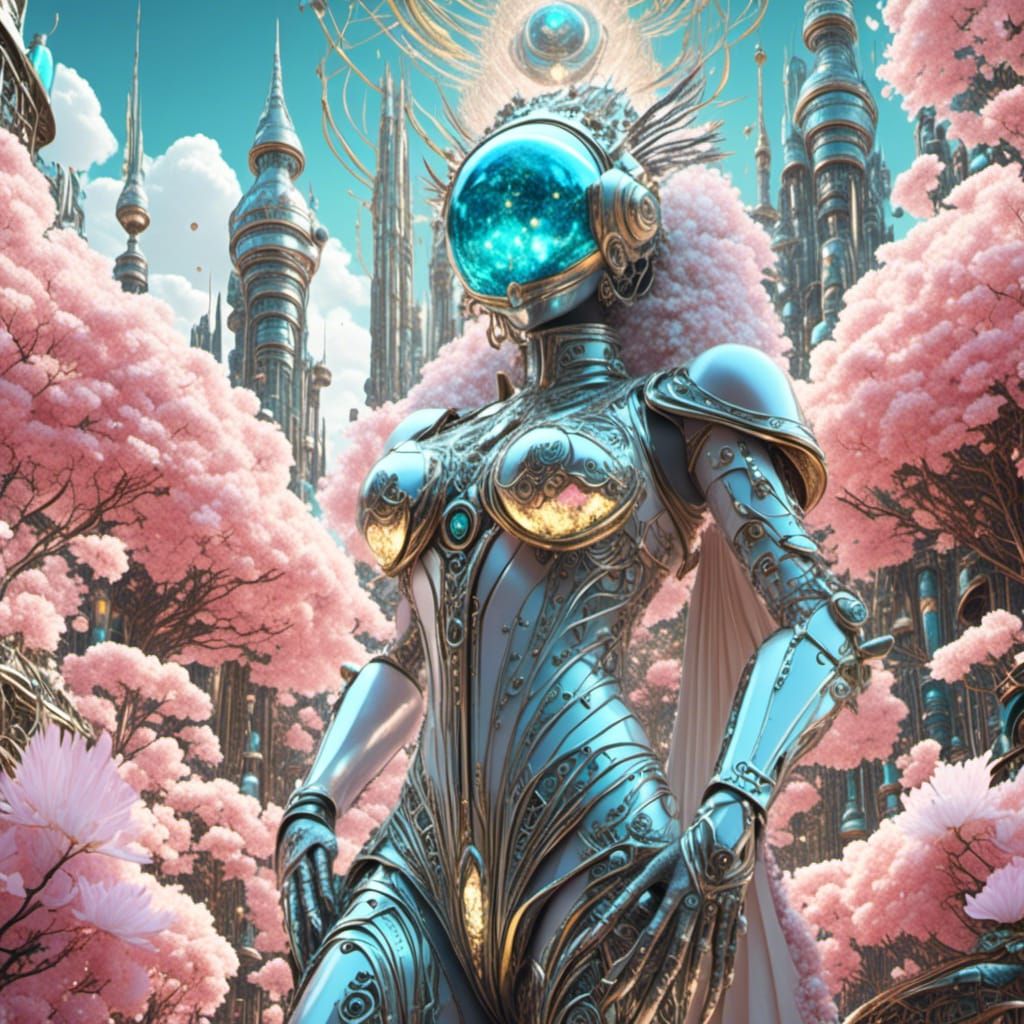 Astral Figure in Cyberpunk Suit Soaring Through Flowers