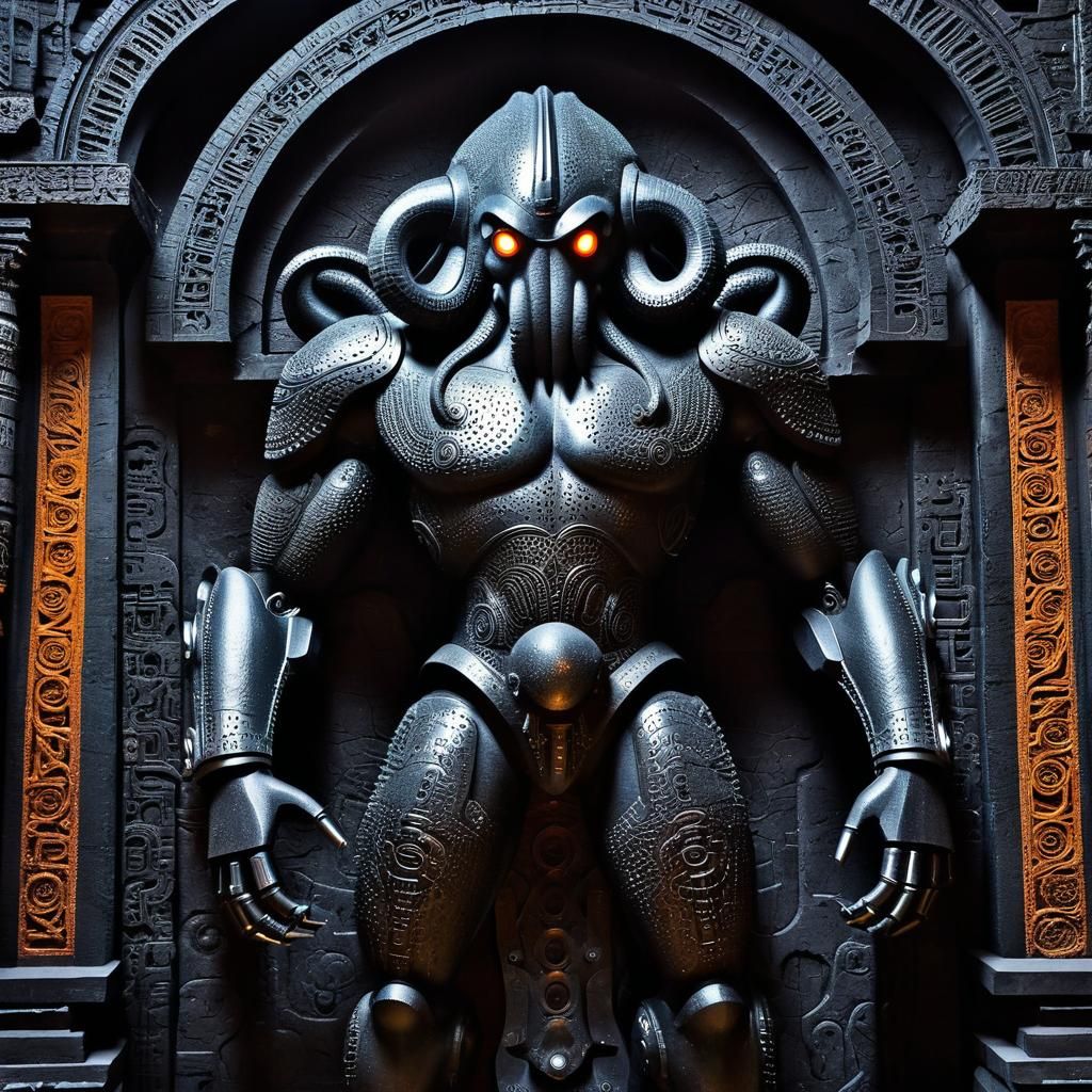 Sci-Fi Cyborg Golem on Ancient Temple Wall