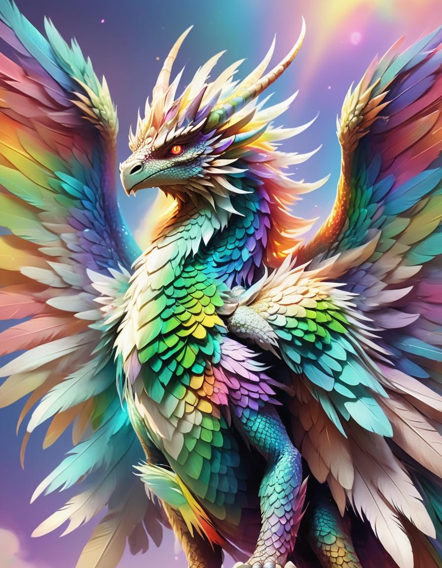 Iridescent Dragon with Rainbow Feathers in Digital Art