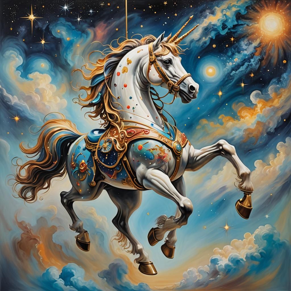 Cosmic Carousel Horse in Ghibli-Dali Style