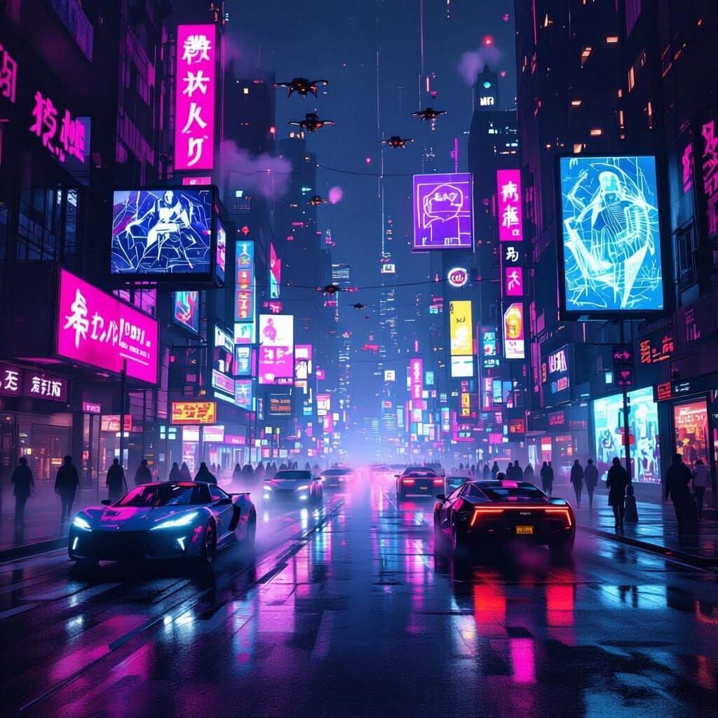 Cyberpunk City Street at Night: Neon Immersion
