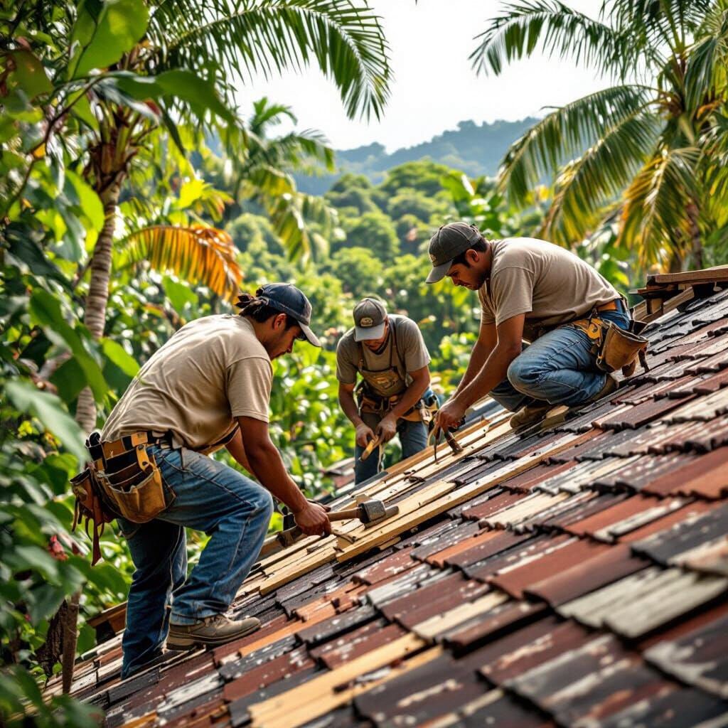 Workers Repairing Hail-Damaged House with New Shingles