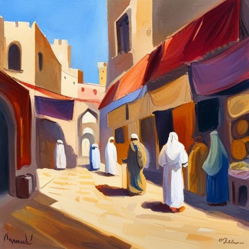 Medieval Arabian Market in Gouache Watercolor Style