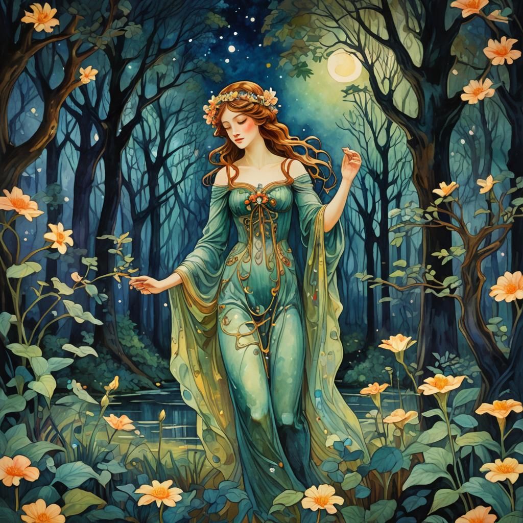 Art Nouveau Nymph in Enchanted Forest at Night
