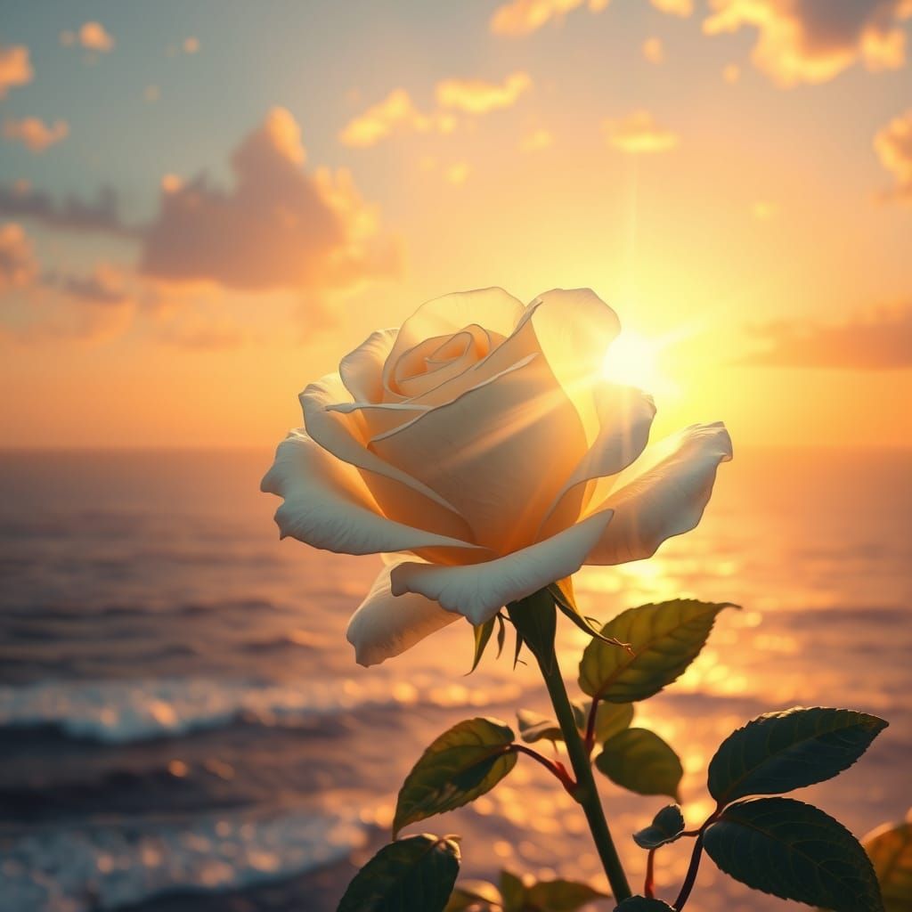 White Rose Shines at Sunset in Impressionist Style