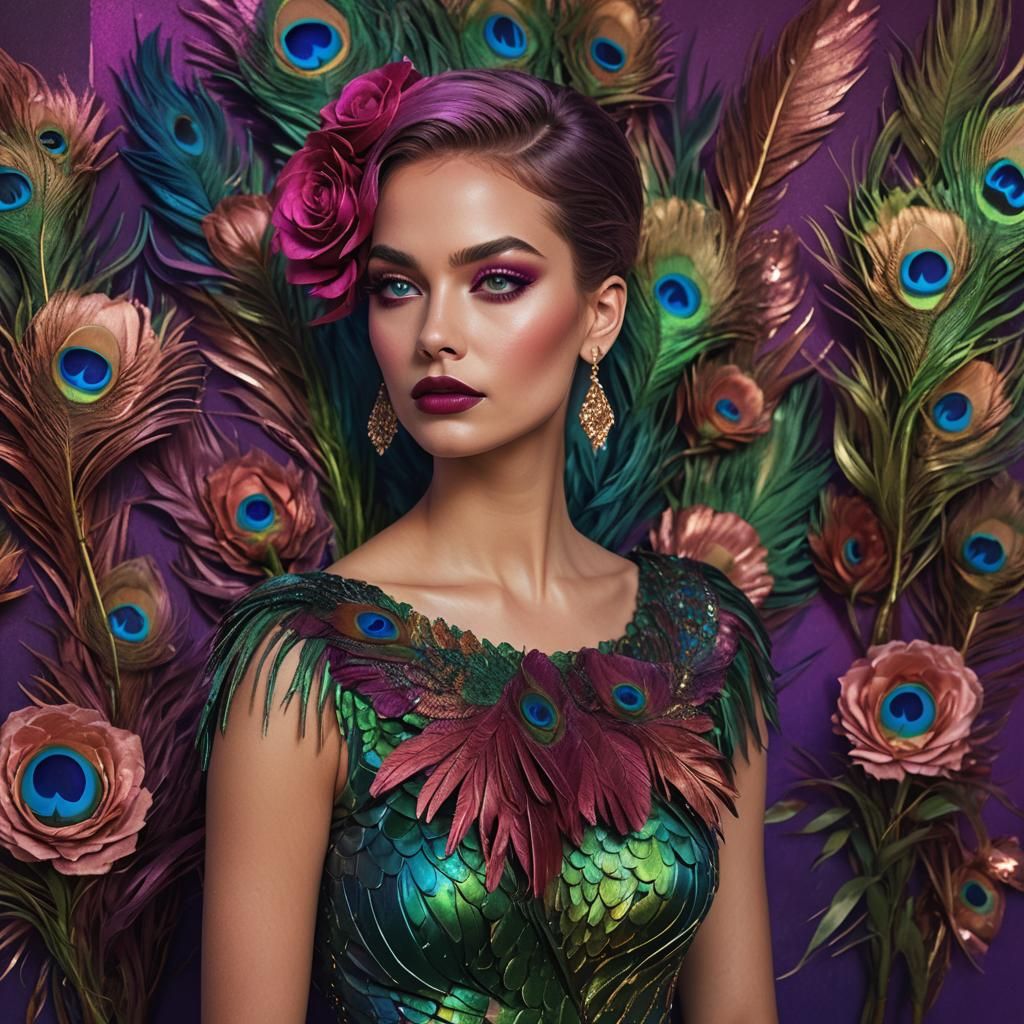 Rose Gold Woman with Peacock Feathers: Digital Portrait