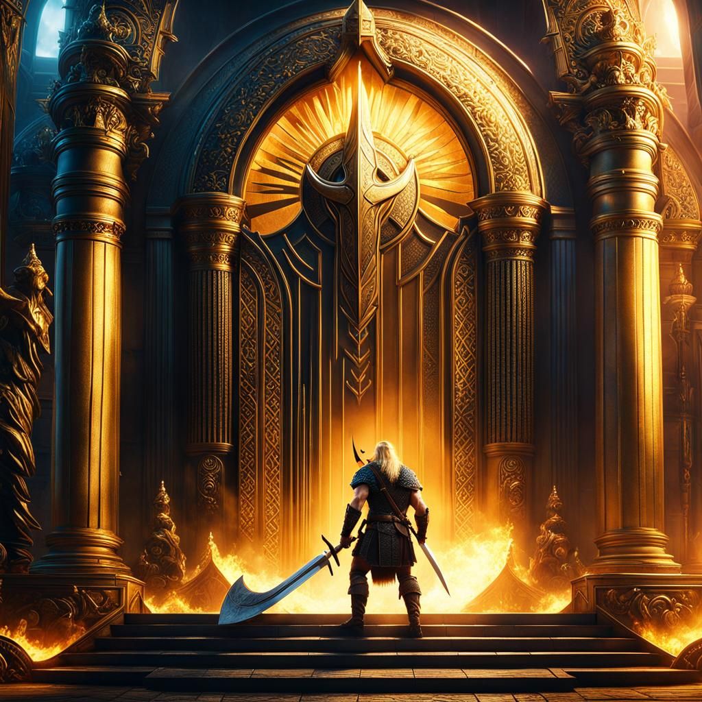 A Viking warrior climbing the stairs to the glowing epic tall golden doors of Valhalla, aura, bright light from the door...