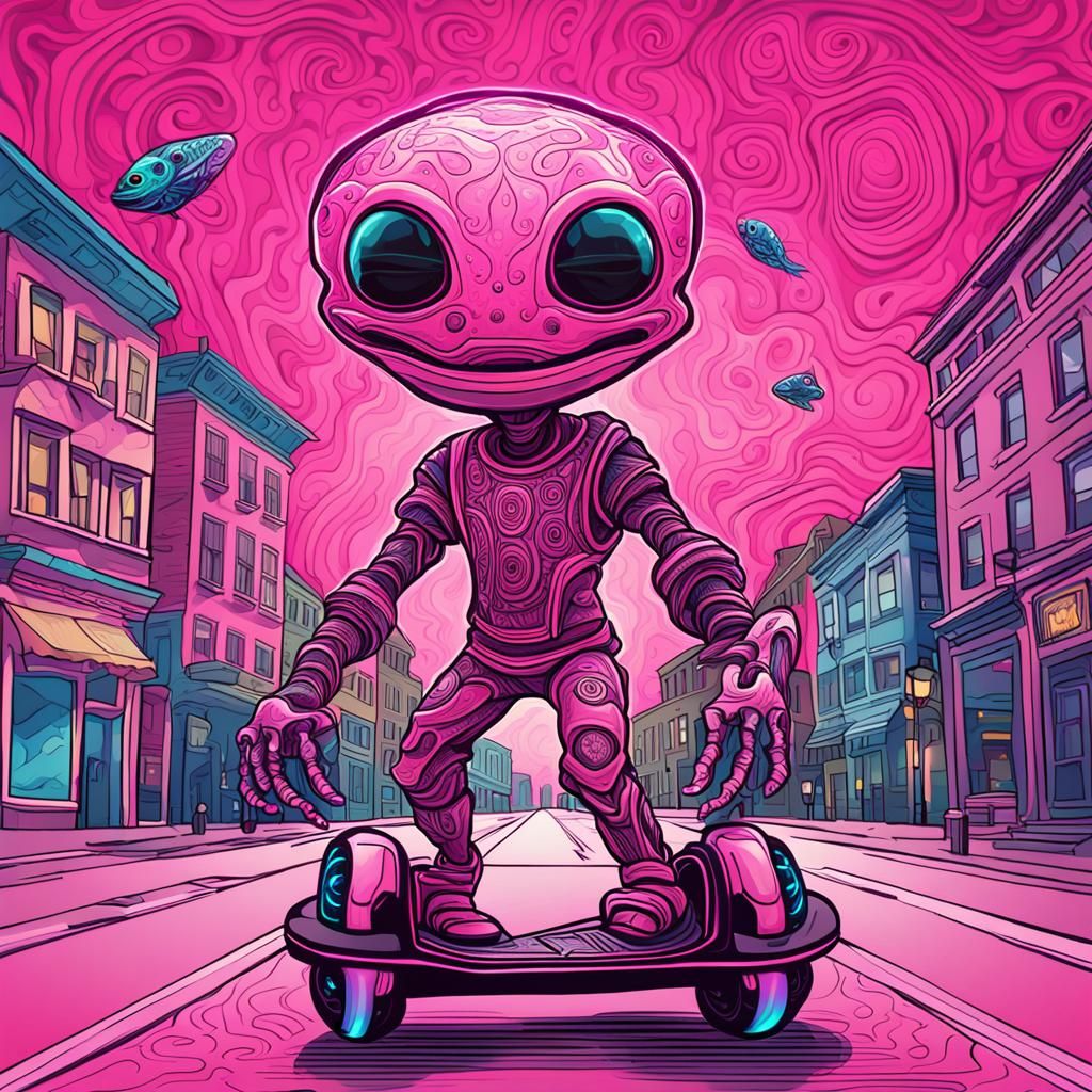 Pink Alien Rides Hoverboard Through Salem: Vector Fractal
