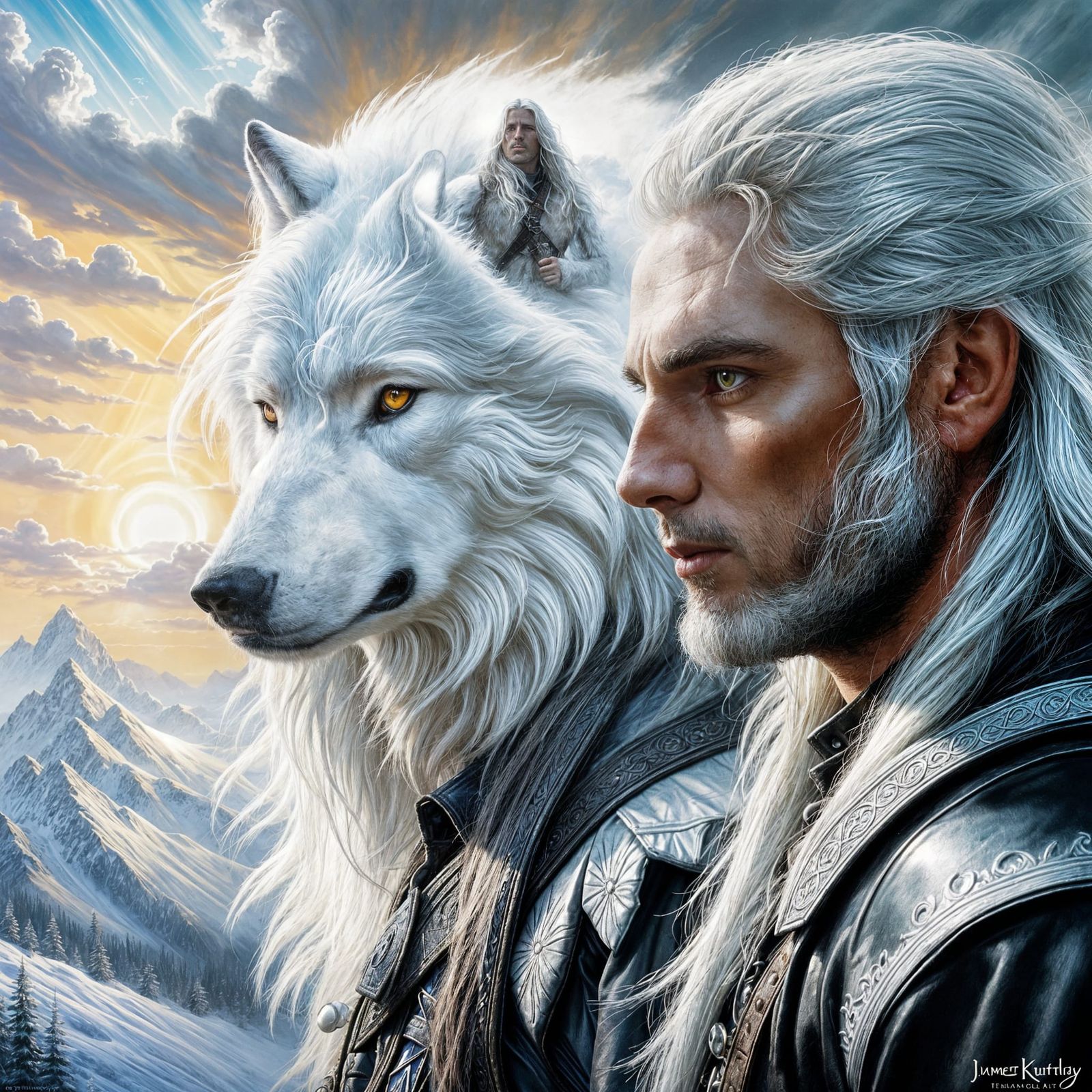 Geralt and White Wolf in Ethereal Oil Painting
