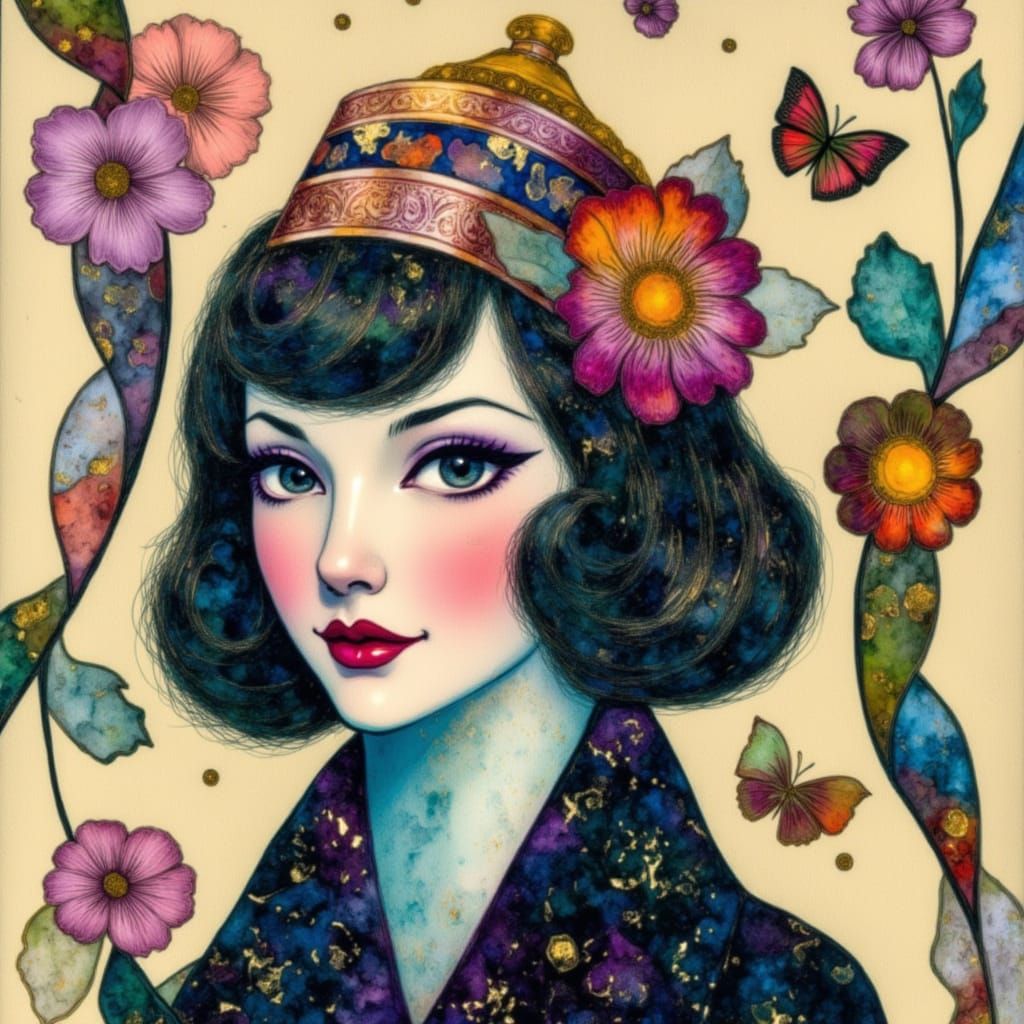 Abstract Folk Art Landscape in Klimt & Chagall Style