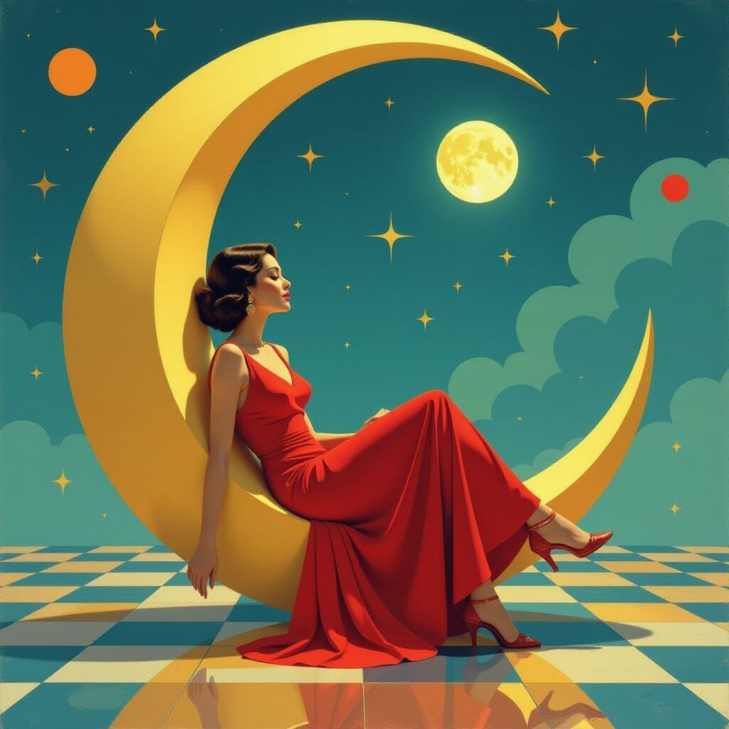 Woman in Smiling Moon: Geometric Fauvism Oil Painting