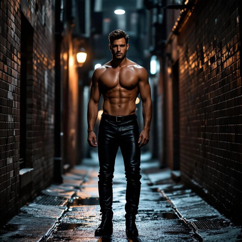 Man in Leather Pants in Moody Alleyway