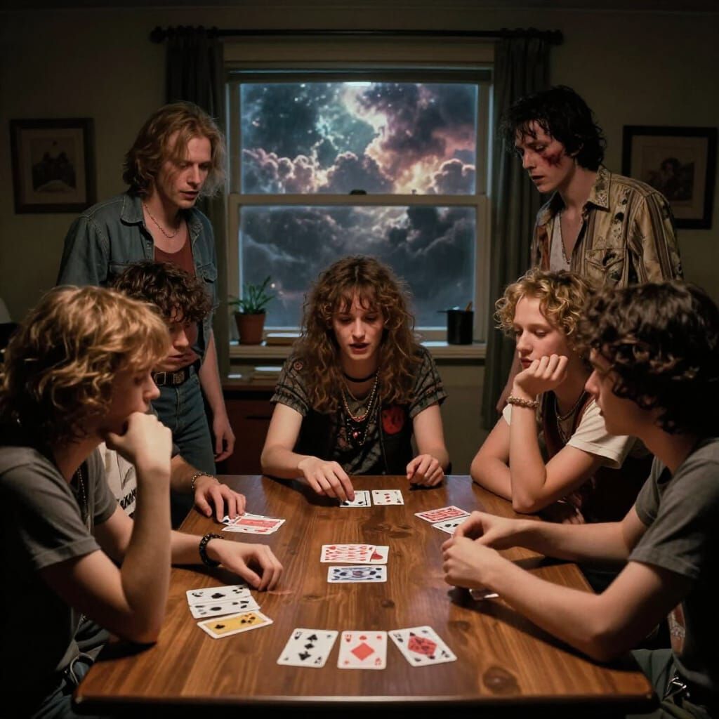 Strip Poker Game with Intense 80s Fantasy Aesthetic