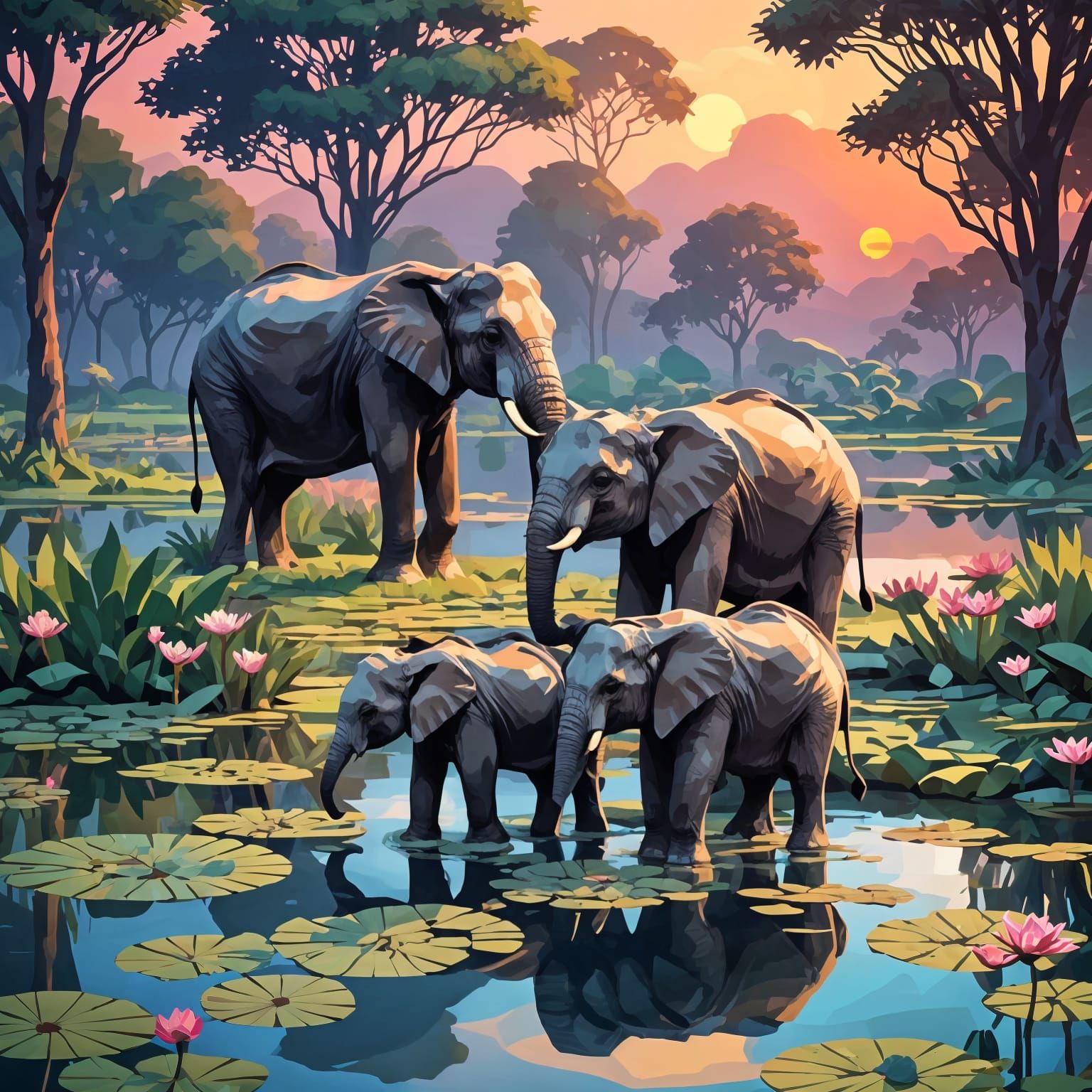 pixelated safari scene sunset one elephant mother with 2 chi...