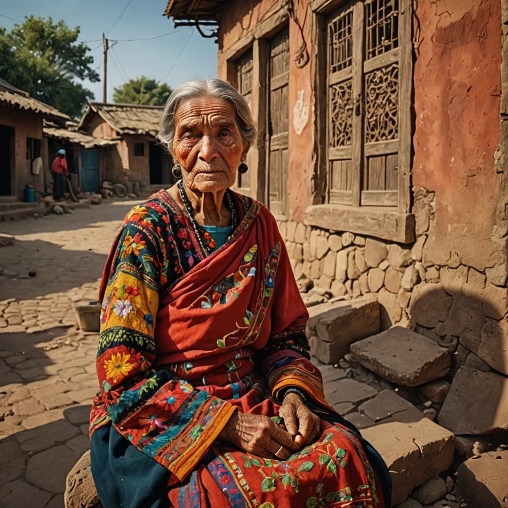 Elderly Woman in Lambadi Dress: Photorealistic Portrait