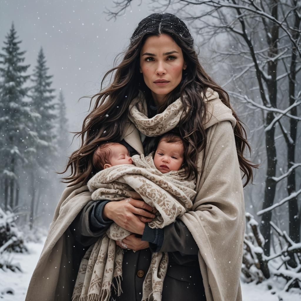 Mother and Child in Winter Landscape: Surrealist Style