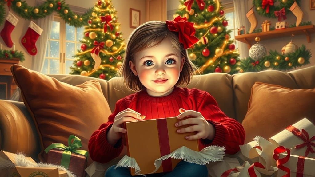 Girl's Christmas Morning Joy in Golden Oil Painting