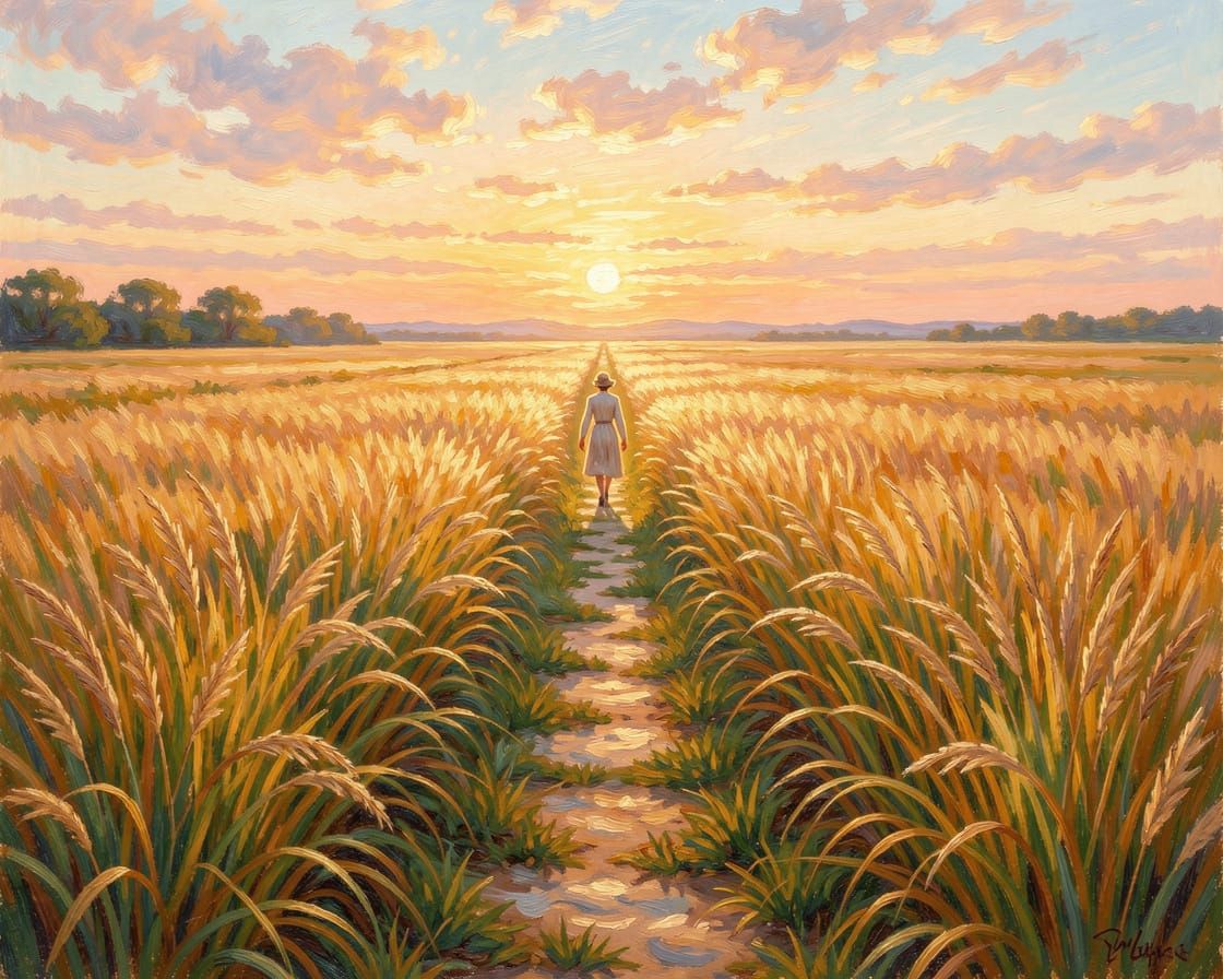 Serene Sunset Path Through Golden Fields in Impressionist St...