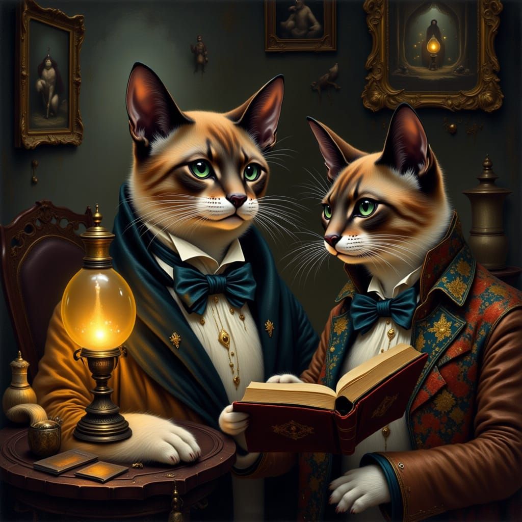 Victorian Cats Reading in a Study