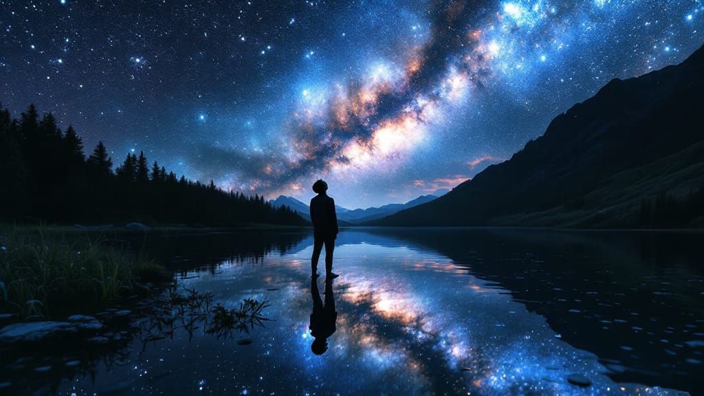 Milky Way Reflection: Stargazer at a Cosmic Lake