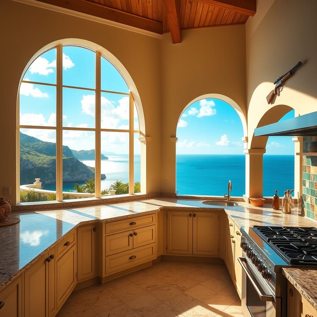 Luxurious Cliffside Villa Kitchen in Tropical Sunlight