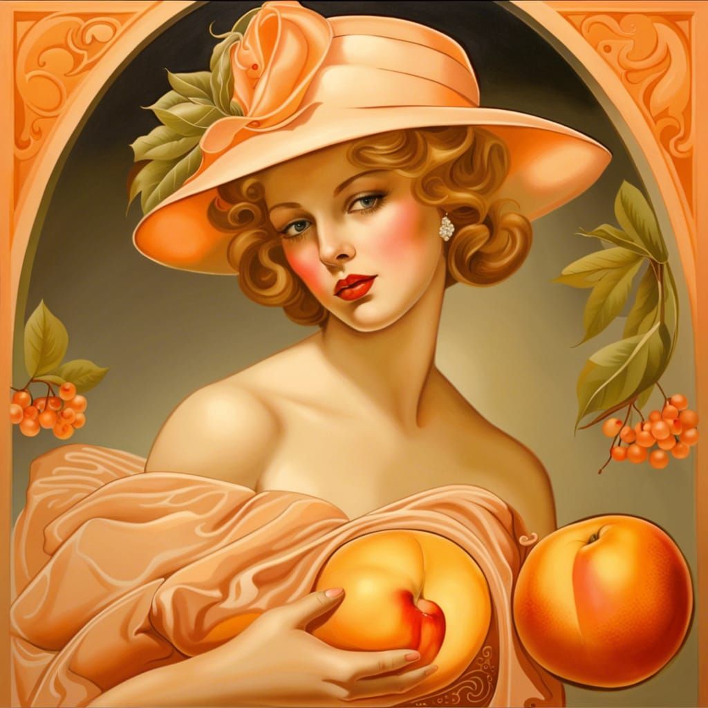 Elegant Woman with Peach: Pin-Up Style Painting