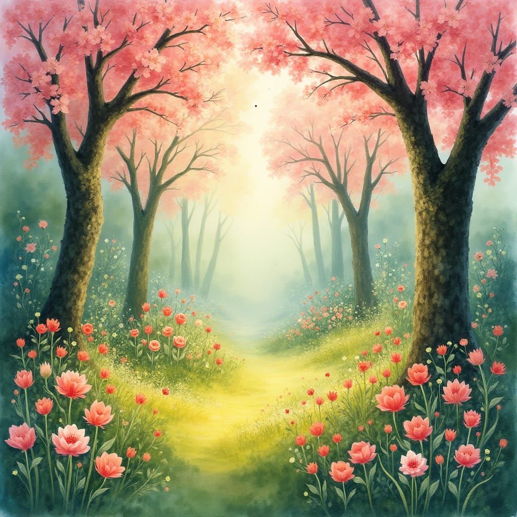 Whimsical Cherry Blossom Landscape in Impressionist Style