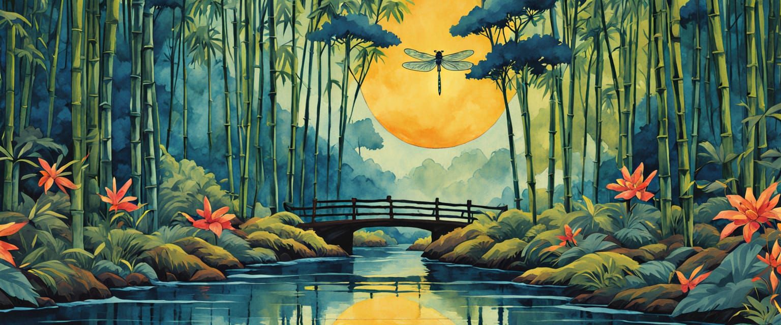 Black Torii Gate in Bamboo Forest with Dragonfly, Watercolor