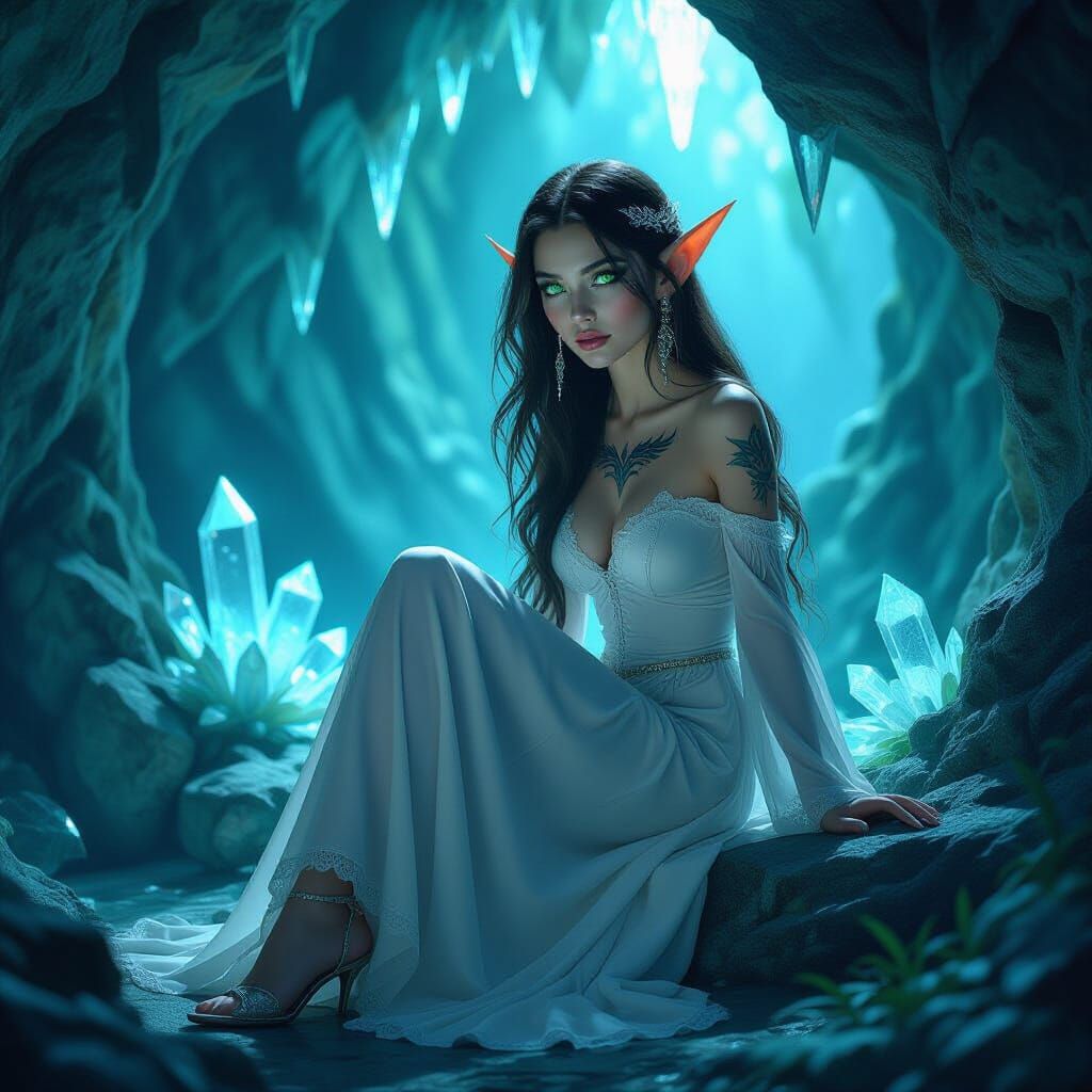Elf in Crystal Cave with Wolf Tattoo, Synthwave Style