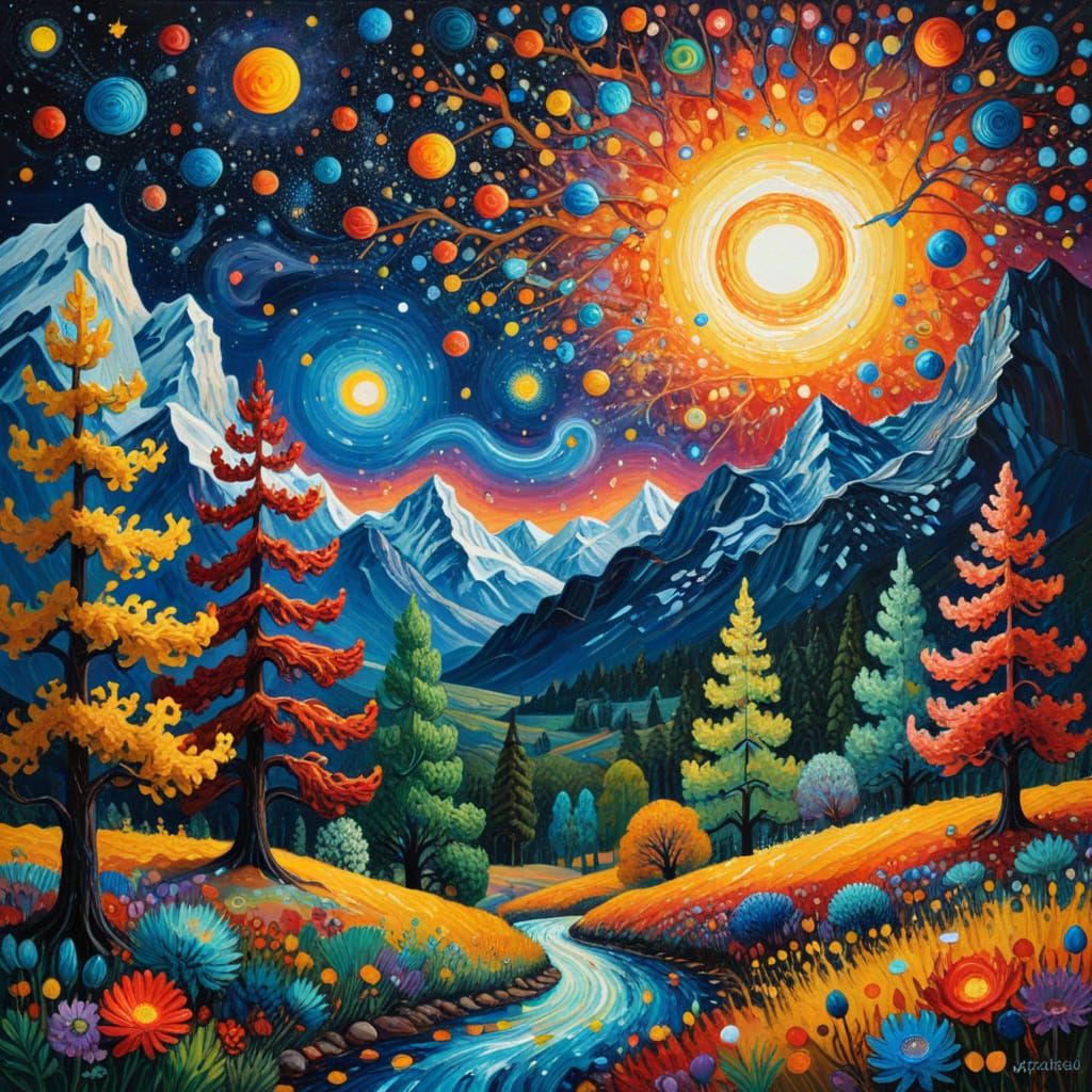 Dreamlike Cosmic Night Sky with Swirling Impasto Mountains