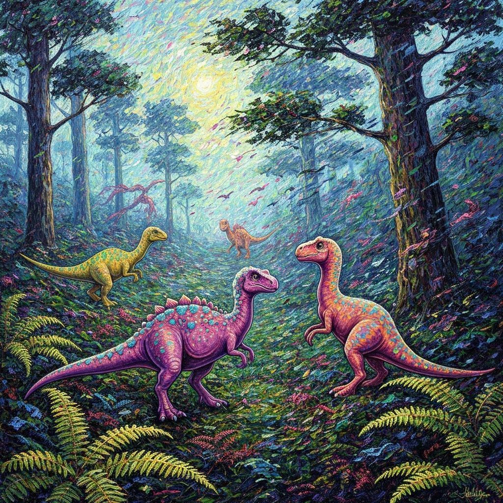 Jurassic Dawn Oil Painting in Van Gogh Style