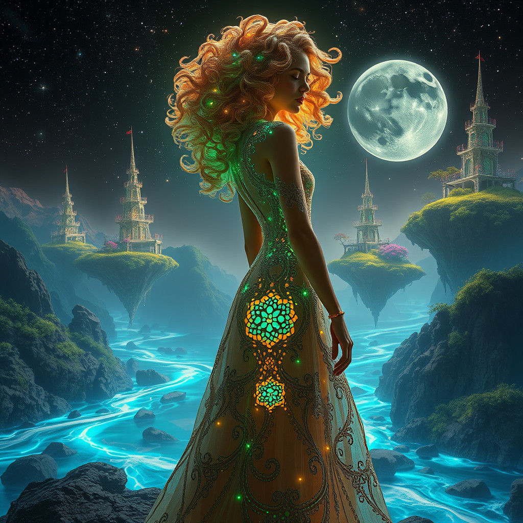 Bioluminescent Coral Woman in Surreal Landscape