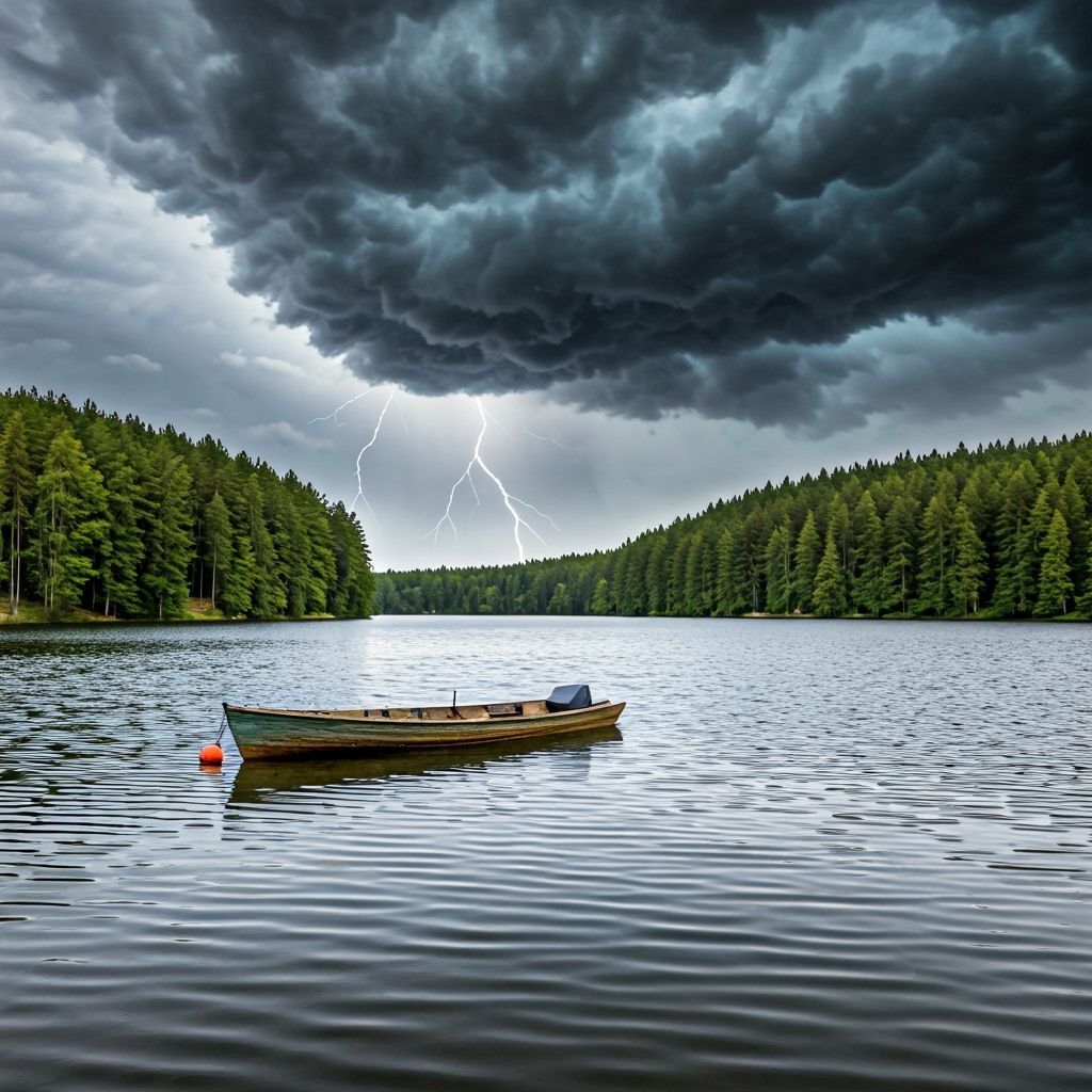Serene Lake with Deserted Boat Under Stormy Sky