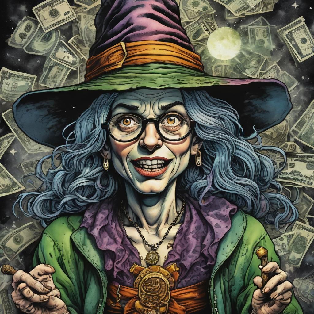 Witch Transforms Objects to Money in Crumb Style