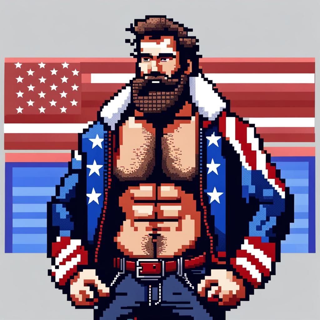 Pixel Art: Muscular Man with American Flag Jacket